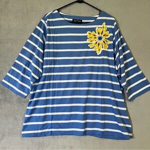 NEW Bob Mackie Wearable Art Tunic Top Blue Wht Stripe Flower Applique Womens 2X